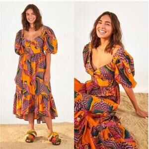 FARM Rio Beaded Macaw Puff-Sleeve Flare Midi Dress Cotton Orange Size Small